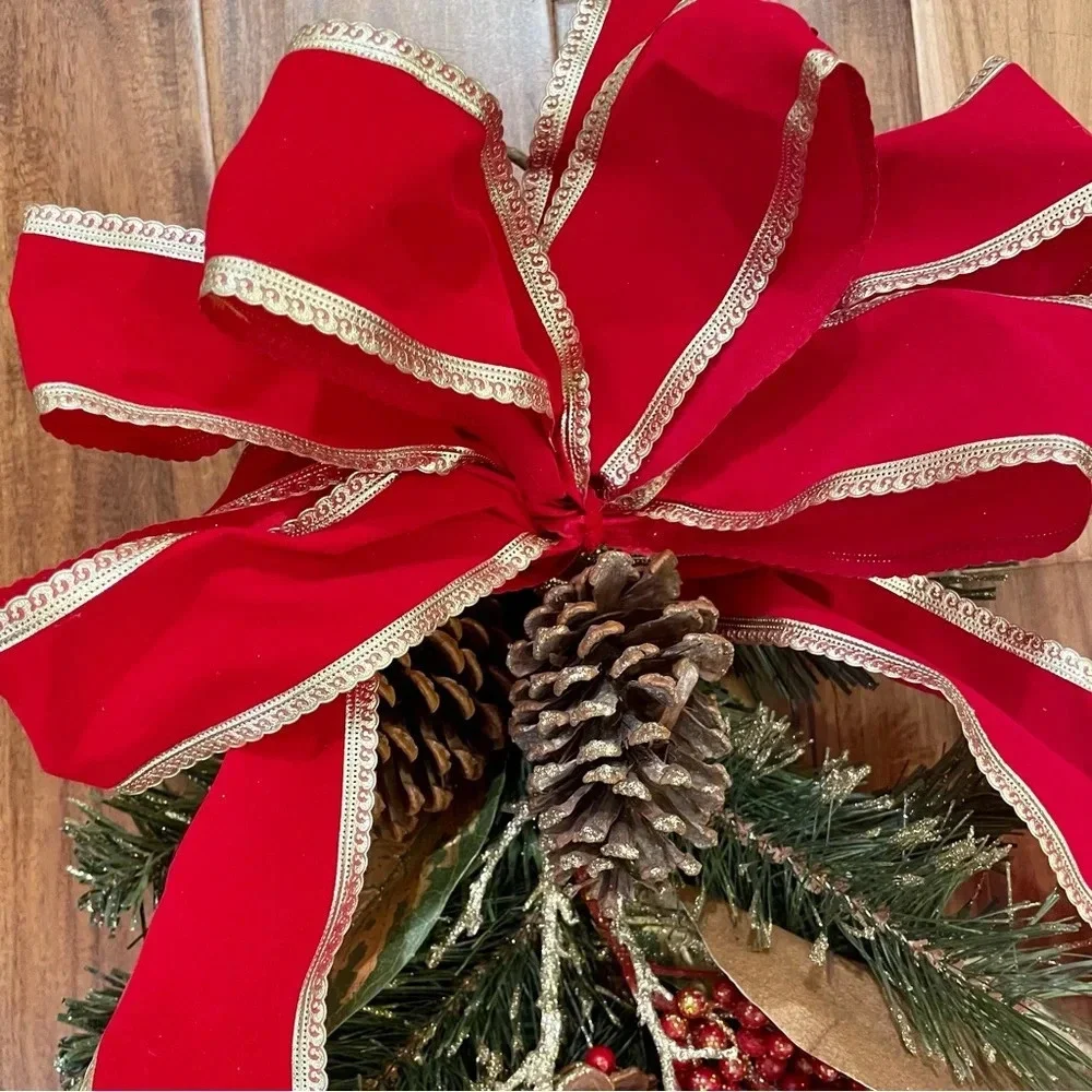 Vintage Artificial Pine Christmas Teardrop Swag with Pine Cones And Ribbon Bow.